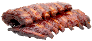 Ribs barbecués nappés de sauce, offrant une texture caramélisée, présentés par Barbecue Man.