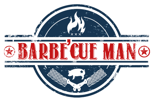 Logo de Barbecue Man avec flammes stylisées et motifs de grillades, symbolisant le spécialiste du barbecue.