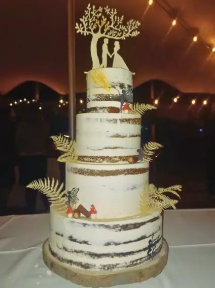 Gâteau de mariage à trois étages avec une décoration minimaliste, comprenant des figurines de fées et des champignons, surmonté d'un topper représentant un couple sous un arbre.<br />

